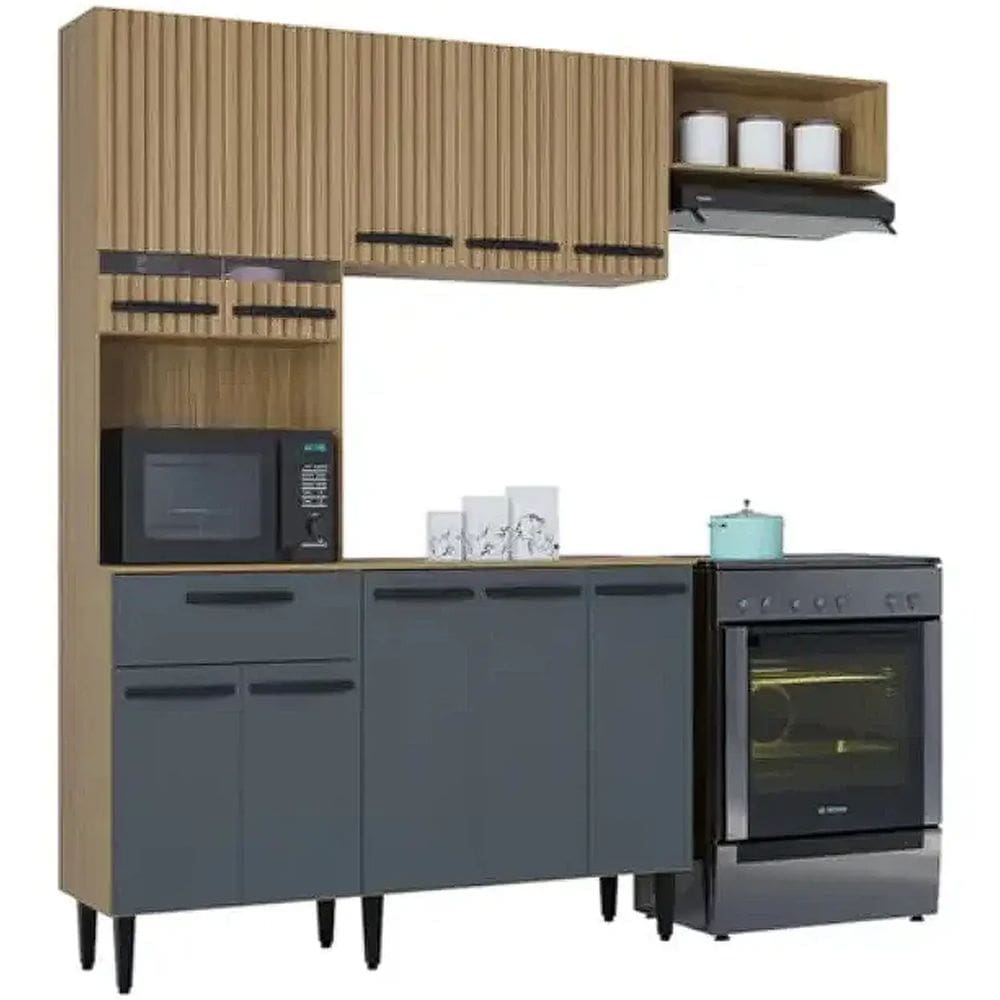 Cozinha Dora Completa 4 Peças 10 Portas 1 Gaveta Poquema Cor Damasco Off White Ripado 3D
