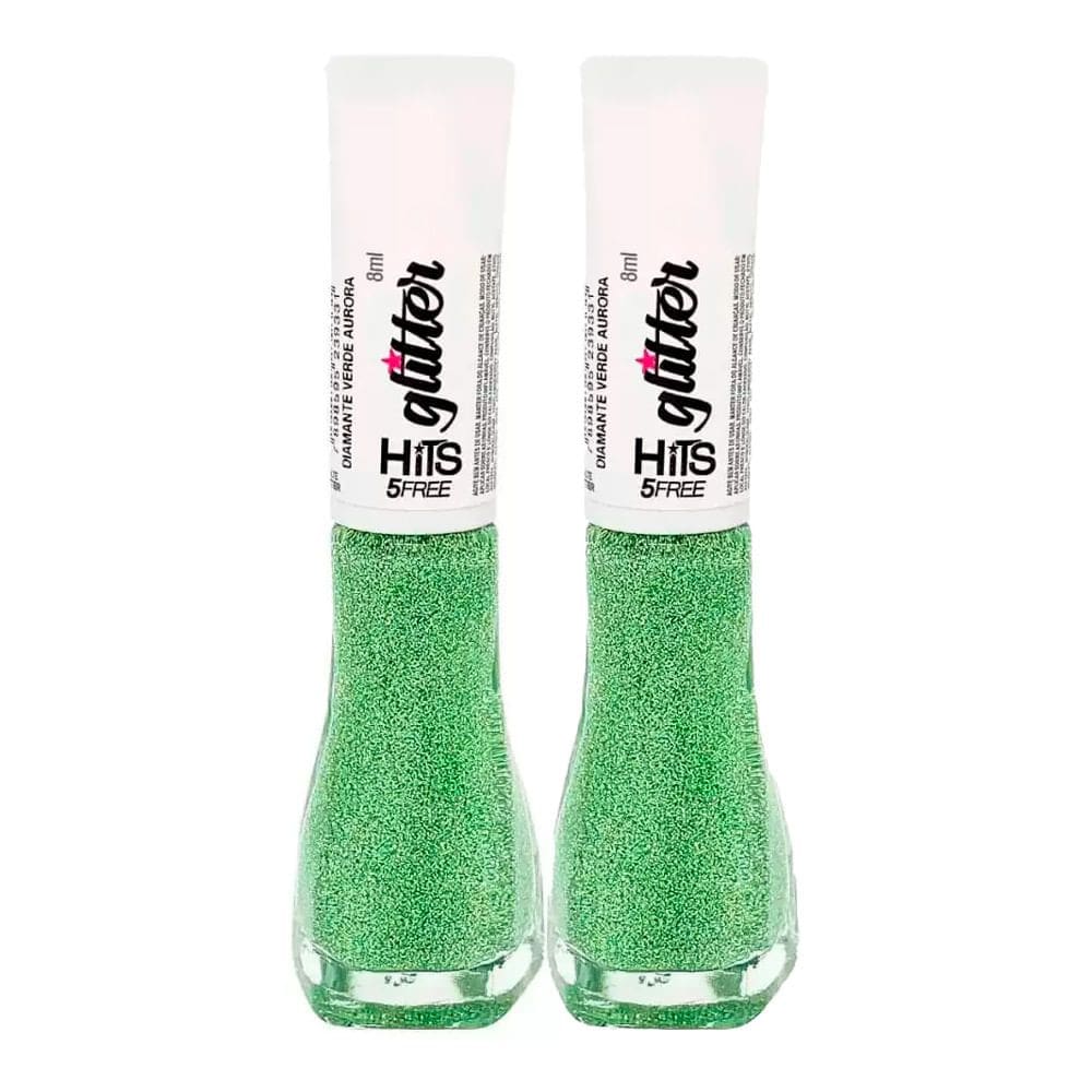 Kit 2 Esmalte Hits Glitter 5Free Cor Diamante Verde Aurora 8ml