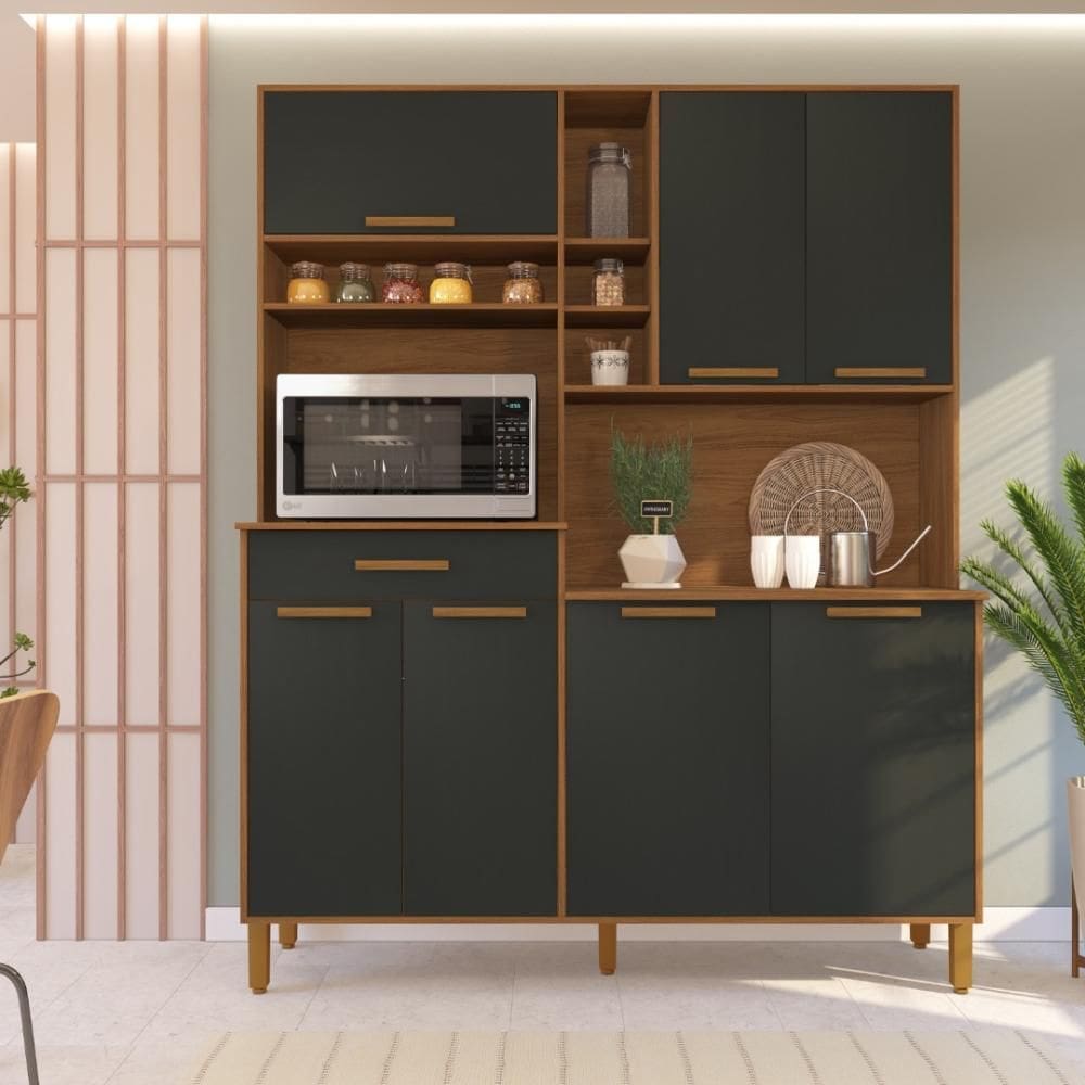 Armário De Cozinha Compacta Fidelitá Amsterdã 160cm 7 Portas 1 Gaveta Com Tampo e Fundo Freijó/Preto