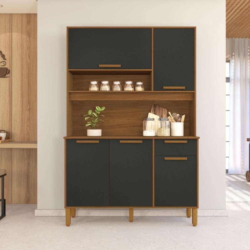 Armário De Cozinha Compacta Fidelitá Grécia 120cm 5 Portas 1 Gaveta Com Tampo e Fundo Freijó/Preto