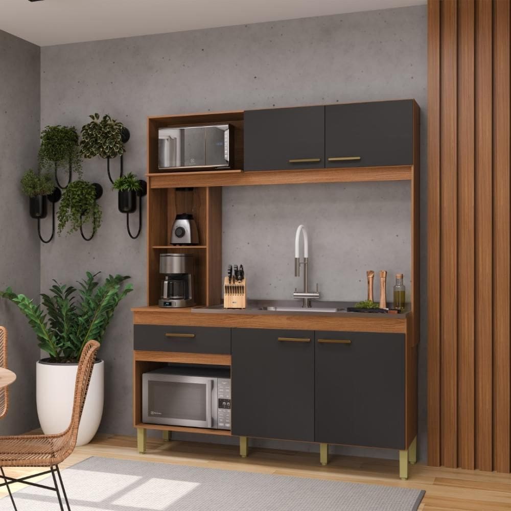 Armário De Cozinha Compacta Fidelitá Xangai 160cm 4 Portas 1 Gaveta Sem Tampo e Fundo Freijó/Preto