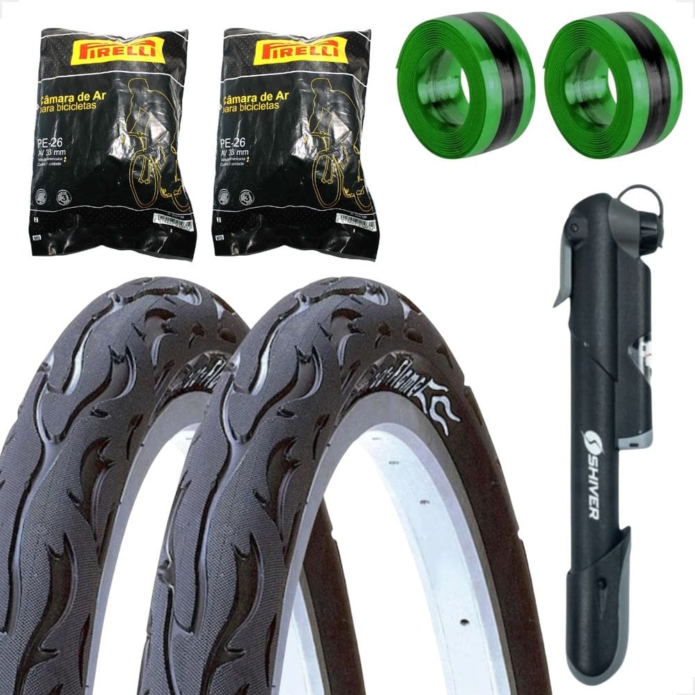 PAR Pneu Bicicleta Kenda Flame Balão Aro 26 x 2.125 Liso Fogo PAR Camara Pirelli Boma Fita anti furo