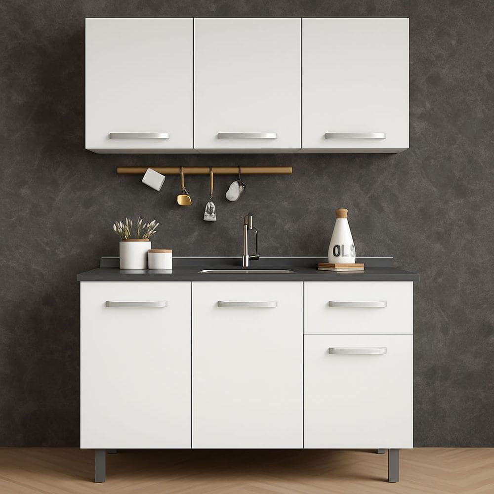 Kit Balcão de Pia e Armário Aéreo 1,20m Cozinha Branco