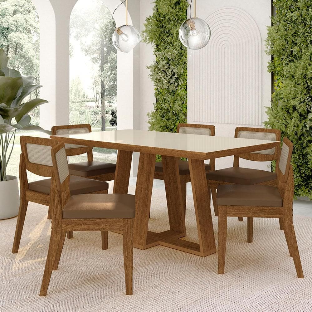 Mesa Sion 1,60 Com 6 Cadeiras Sextavada Freijó/off/cori Caramelo - M.a