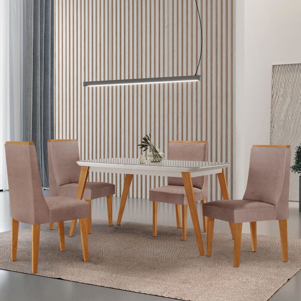 Mesa de Jantar Copper 120cm Tampo Canto MDF Vidro com 4 Cadeiras Lisboa Moderna Mobília