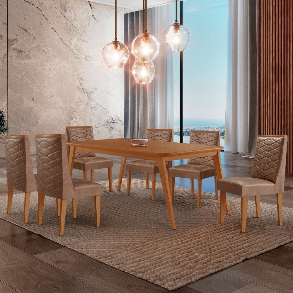 Mesa de Jantar Copper 180cm Tampo Canto MDF com 6 Cadeiras Safira Moderna Mobília
