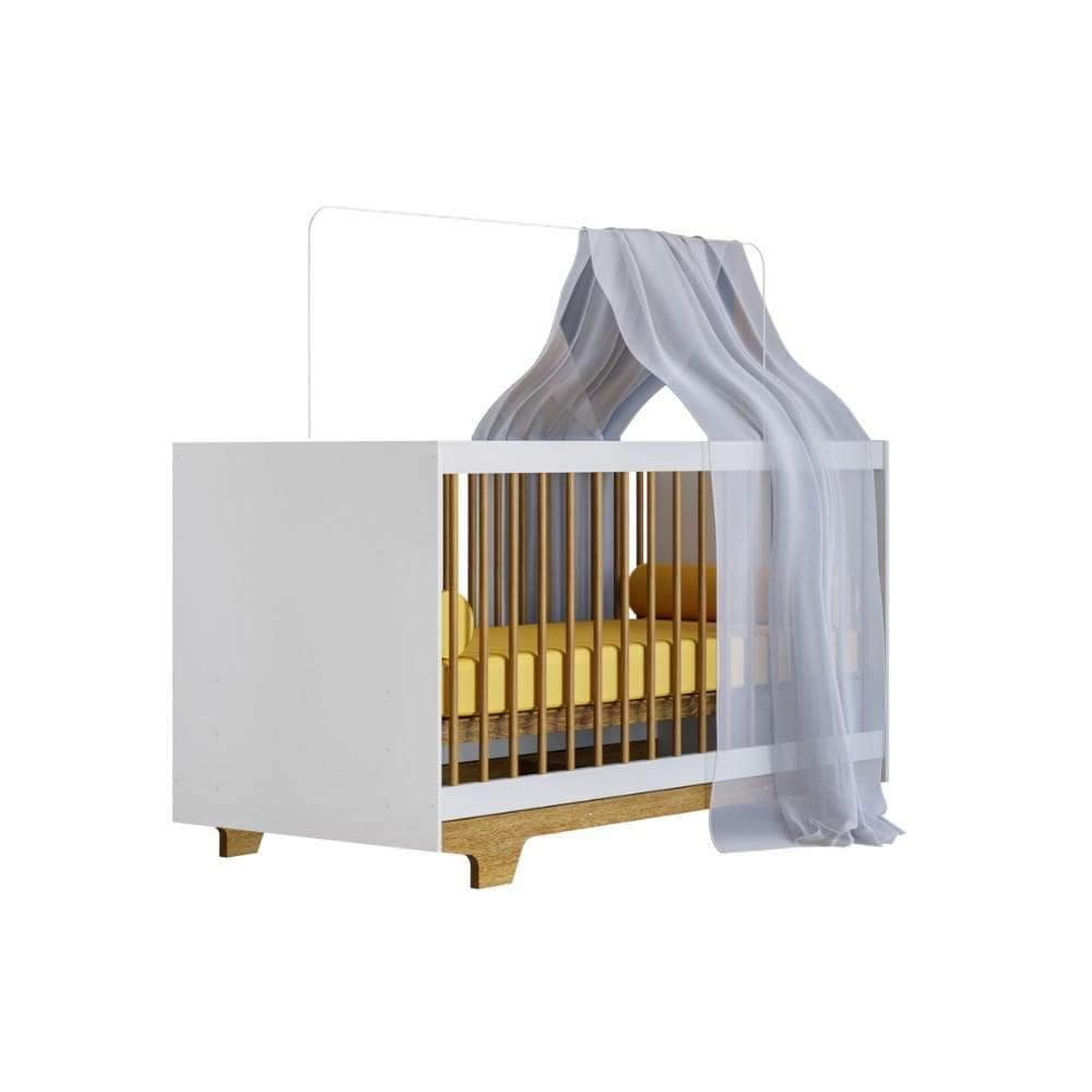 Berço Mini Cama com Suporte Mosquiteiro Tigus Flocos 100% em MDF Branco/Amadeirado