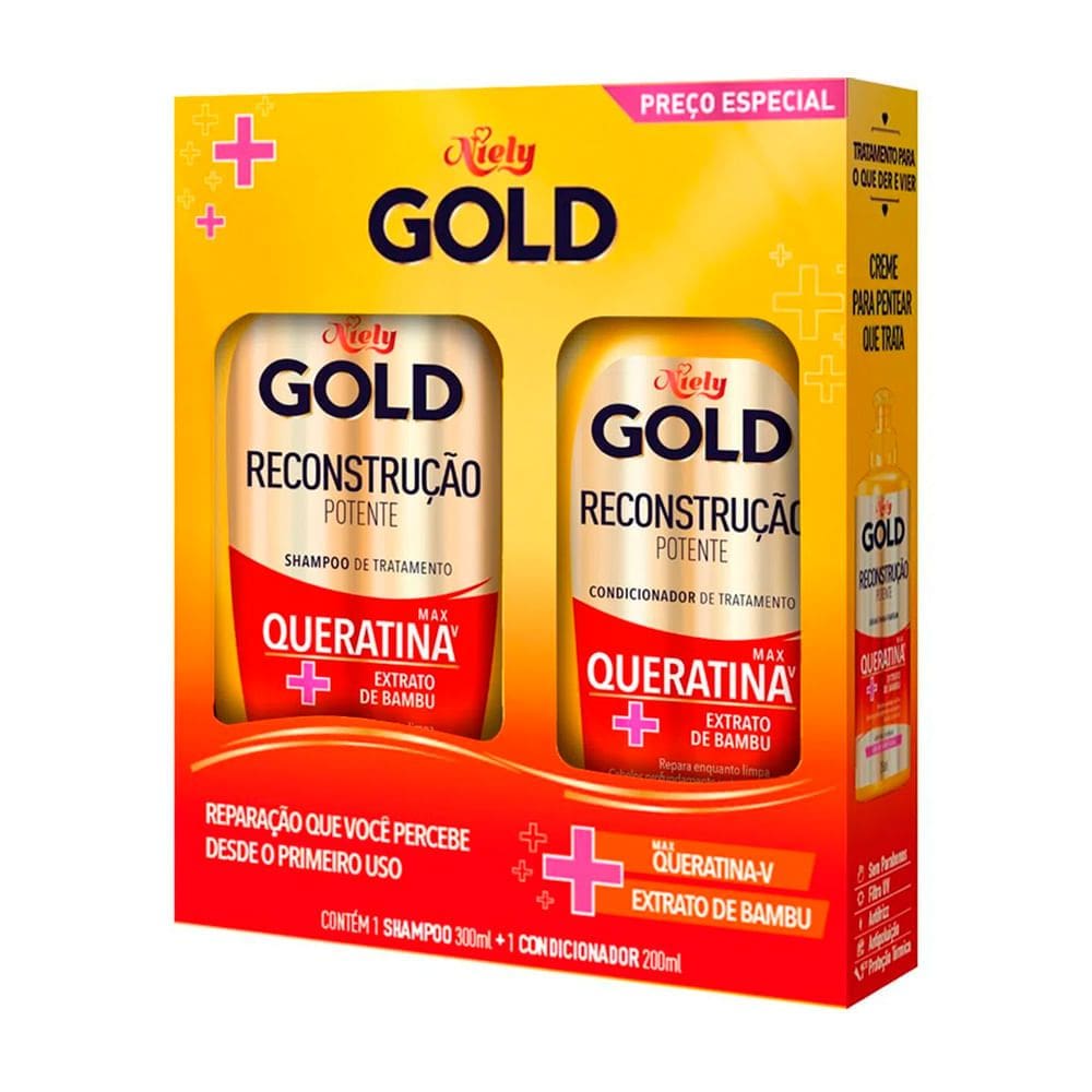Kit Shampoo Niely Gold Reconstrução Potente Max Queratina-V 275ml + Condicionador 175ml