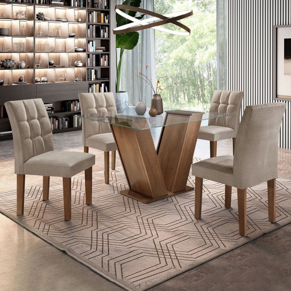 Mesa de Jantar 4 Lugares Elegance com Vidro Chocolate/Linho Cinza - Pnr Móveis