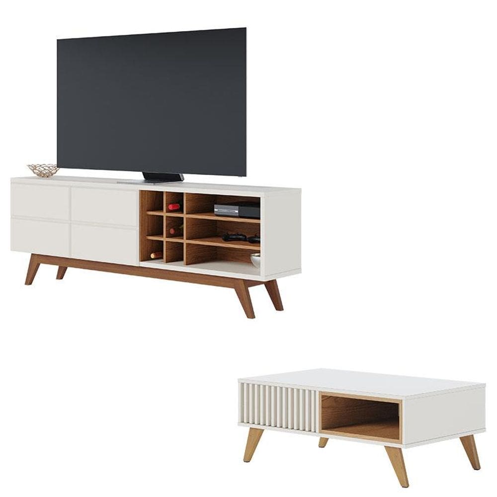 Rack Bancada Noronha 1.8 Off White Matte Freijó com Mesa de Centro Jeri Off White Freijó - Colibri