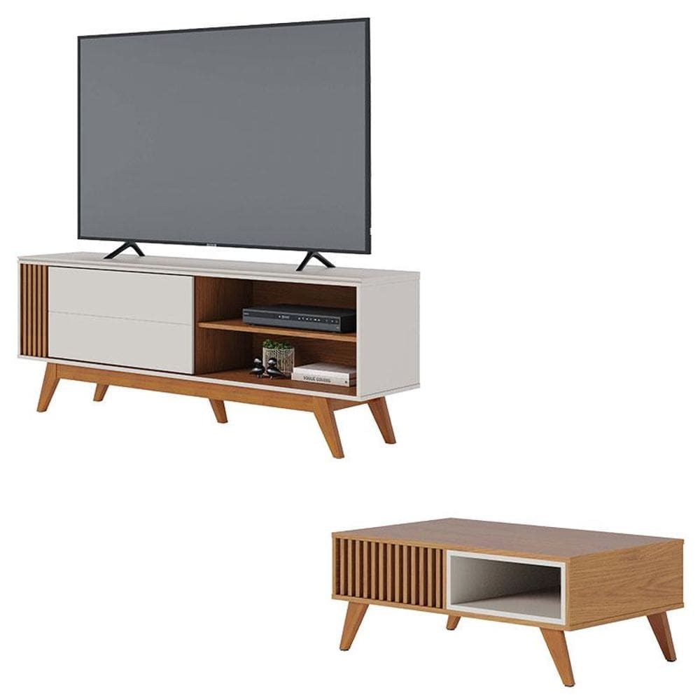 Rack Bancada Otawa Off White Freijó com Mesa de Centro Jeri Freijó Off White - Colibri