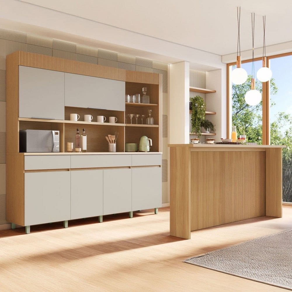 Cozinha Compacta Realeza 6 Portas 3 Gavetas com Ilha Gourmet 100% Mdf Carvalho/Greige - Nesher