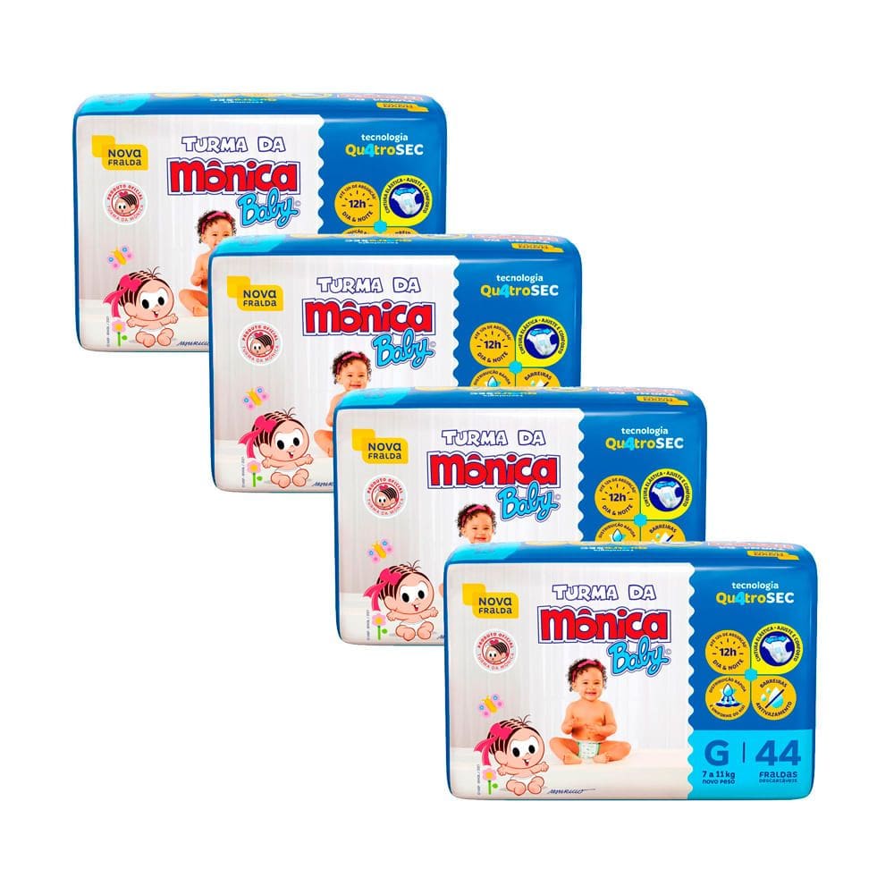 Kit 4 Fralda Infantil Turma da Mônica Baby Mega Tamanho G 44 Fraldas Descartáveis cada