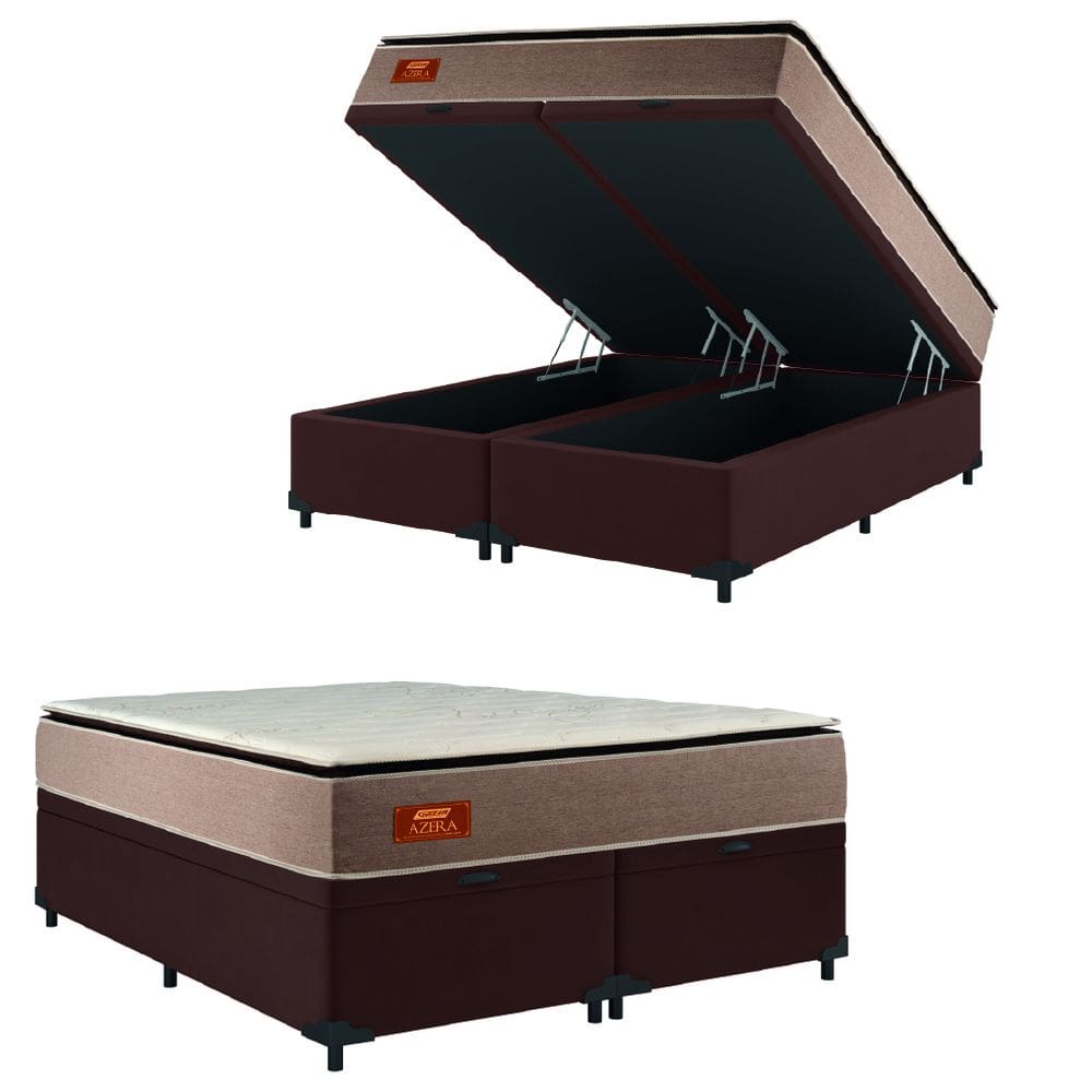 Cama Box Baú Casal Queen Gazin Colchão Com Molas Ensacadas 158x198x75cm Azera Branco/Bege