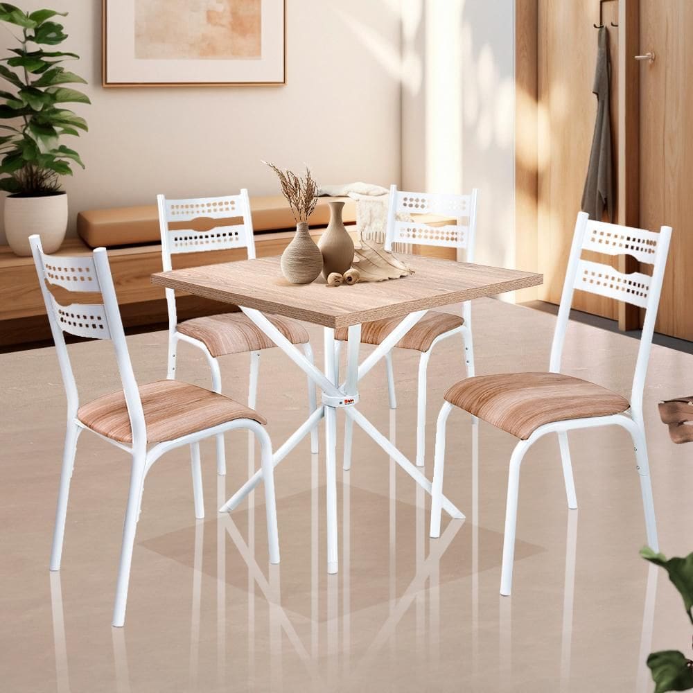 Mesa De Jantar Quadrada Com 4 Cadeiras Aço 75cm Branco Carvalho Caspian