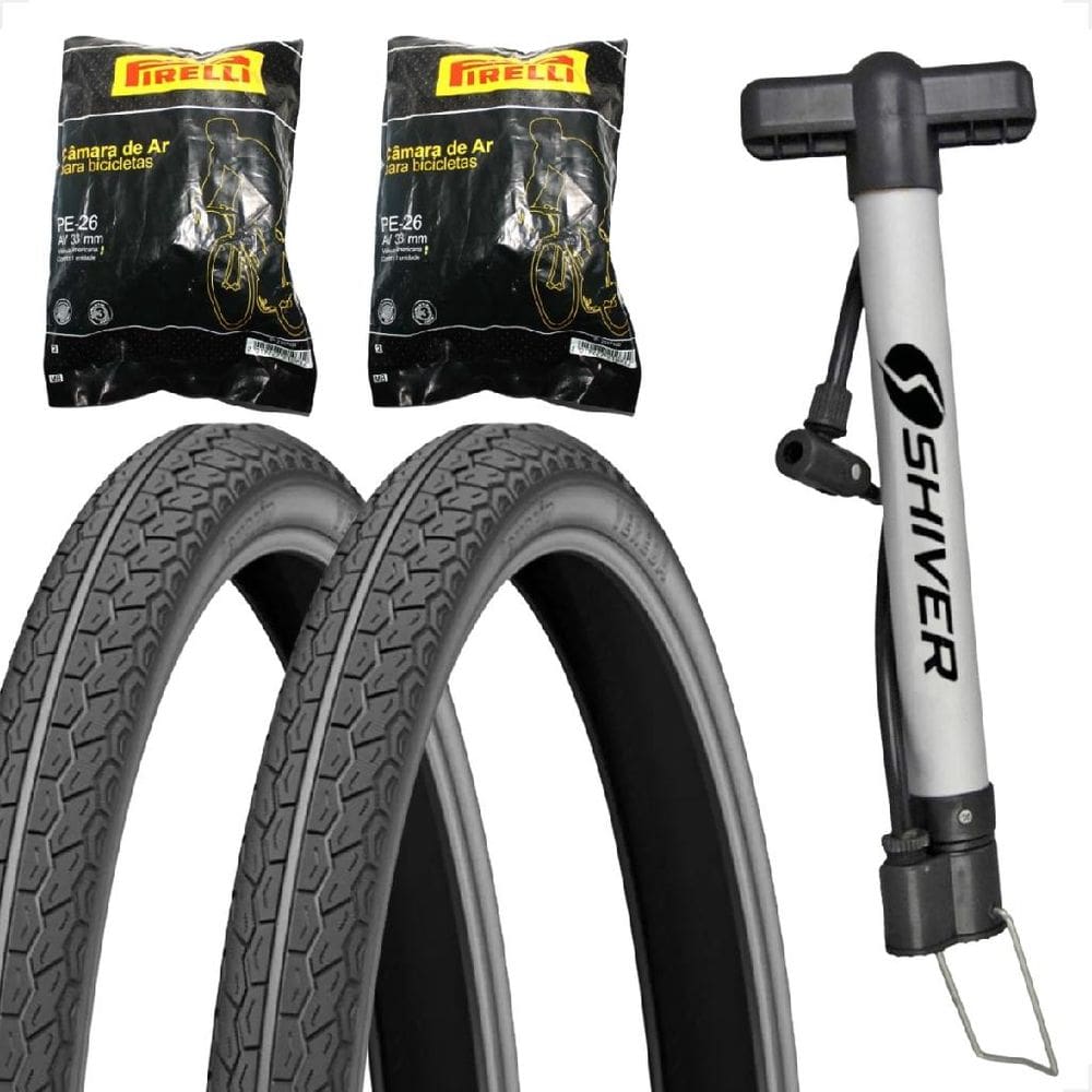Par Pneu bicicleta Levorin Vereda aro 26 x 1.1 / 2x2 liso + Par camara pirelli + Bomba de ar Shiver