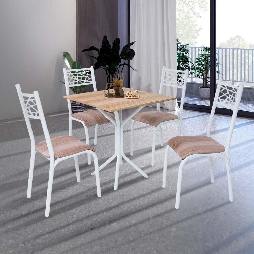 Mesa De Jantar Quadrada Com 4 Cadeiras Em Aço Branco Carvalho Com Estofado Capuccino Bollua