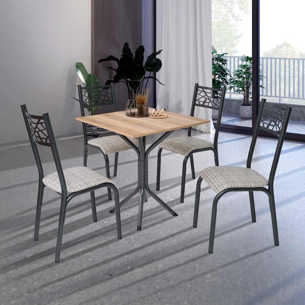 Mesa De Jantar Quadrada Com 4 Cadeiras Em Aço Preto Carvalho Com Estofado Manteiga Bollua