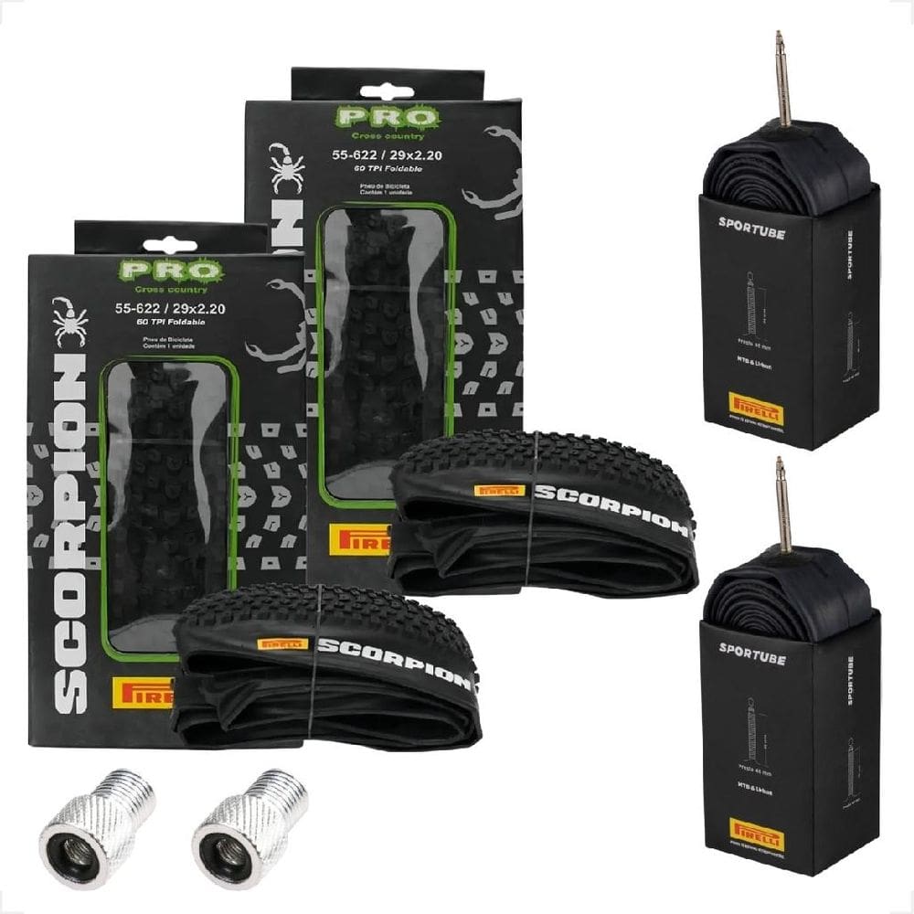 Par Pneu Pirelli Scorpion Aro 29 x 2.20 Kevlar Sem arame Cravudo Mtb + Par Camara Pirelli Adaptador