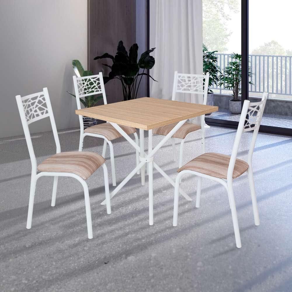 Mesa De Jantar Quadrada Com 4 Cadeiras Em Aço Branco Carvalho Com Estofado Capuccino Fione