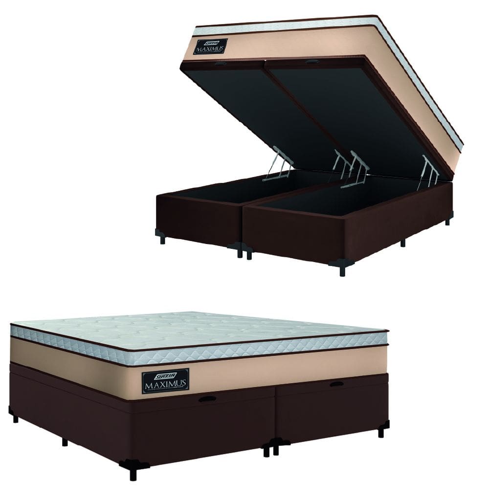 Cama Box Baú Casal Queen Gazin Colchão Molas Ensacadas 158x198x65cm Maximus Bege/Marrom