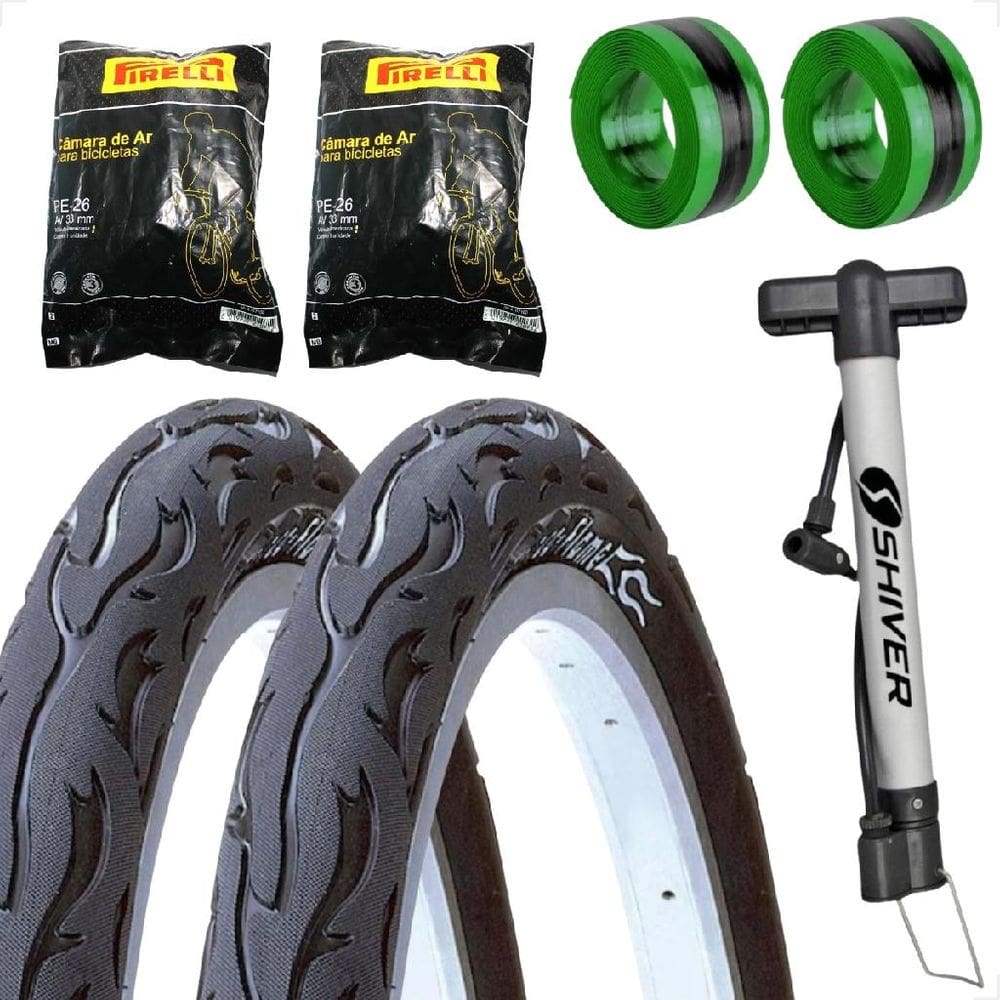 Par Pneu Bicicleta Kenda Flame Balão Aro 26 x 2.125 Liso Fogo + Par Camara Pirelli Bomba fita