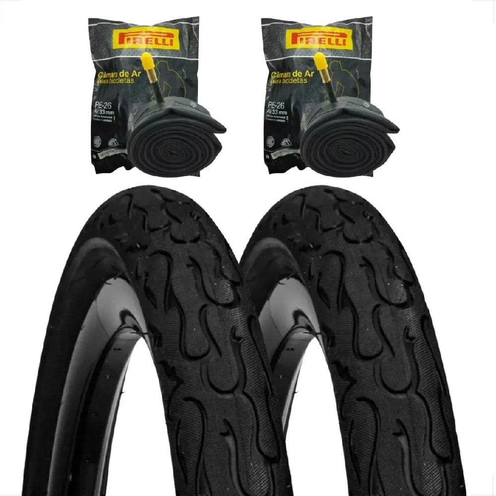 Par Pneu Bicicleta DSI Flame Aro 26 x 2.125 Balão Tipo kenda + 2 camara Pirelli Montadinha Freeride
