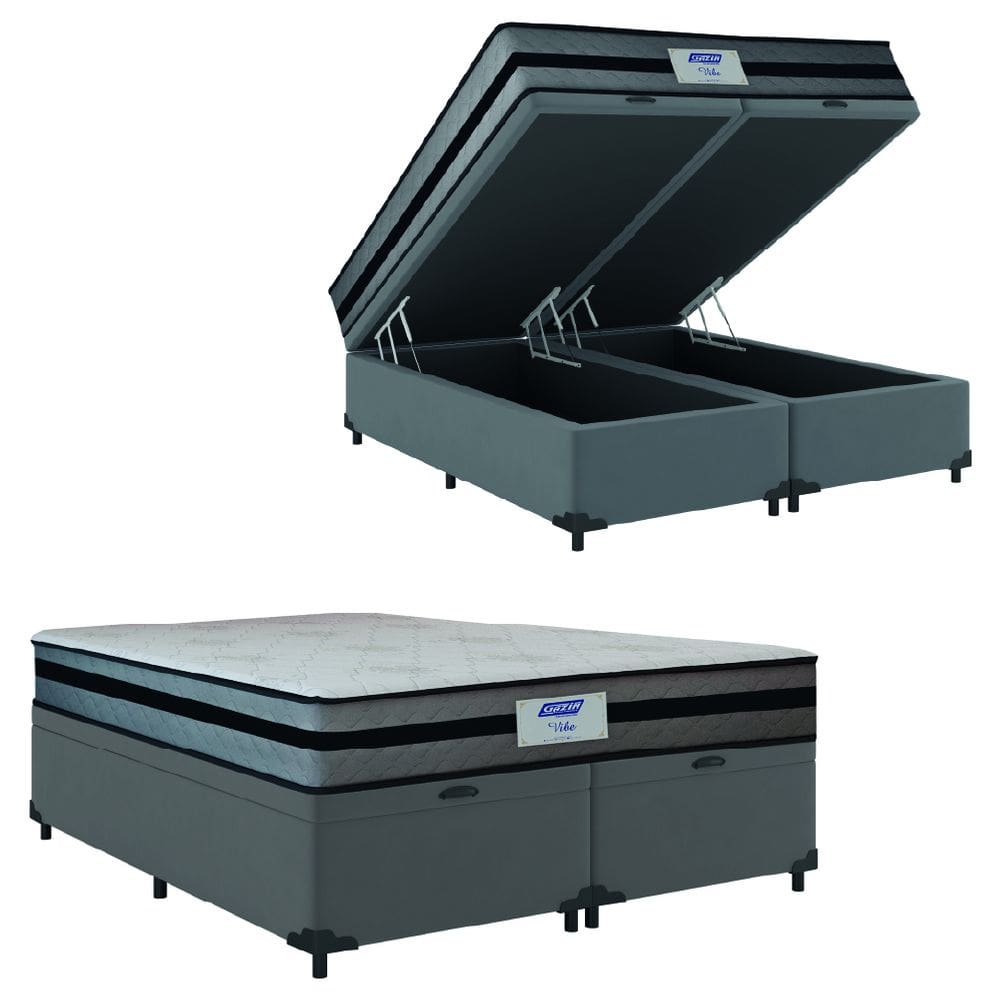 Cama Box Baú Casal Queen Colchão Gazin Com Molas Ensacadas Vibe 158x198x63cm Cinza/Preto