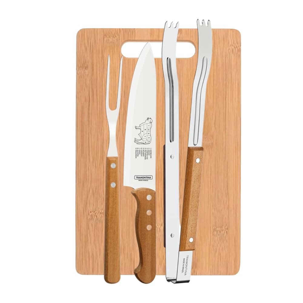 Kit para Churrasco Tramontina com Pegador Faca e Garfo Trinchante + Tabua de Corte 26x36cm