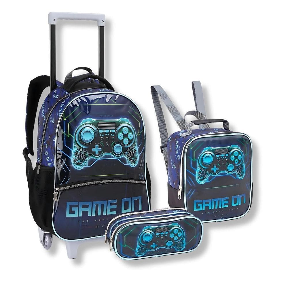 Kit Mochila Rodas Lancheira Térmica Estojo Game On Meninos