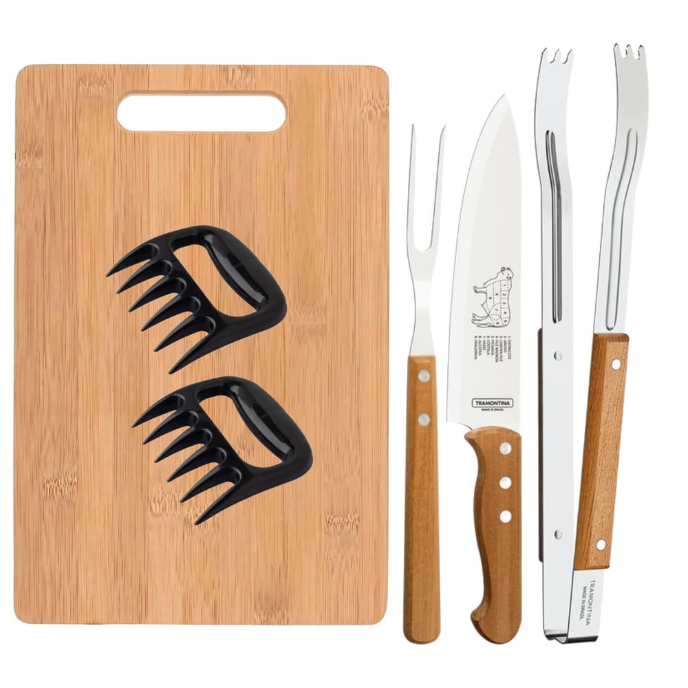 Kit para Churrasco Tramontina com Pegador Faca e Garfo Trinchante + Tabua de Corte 26x36cm e Garra Desfiadora de Carne