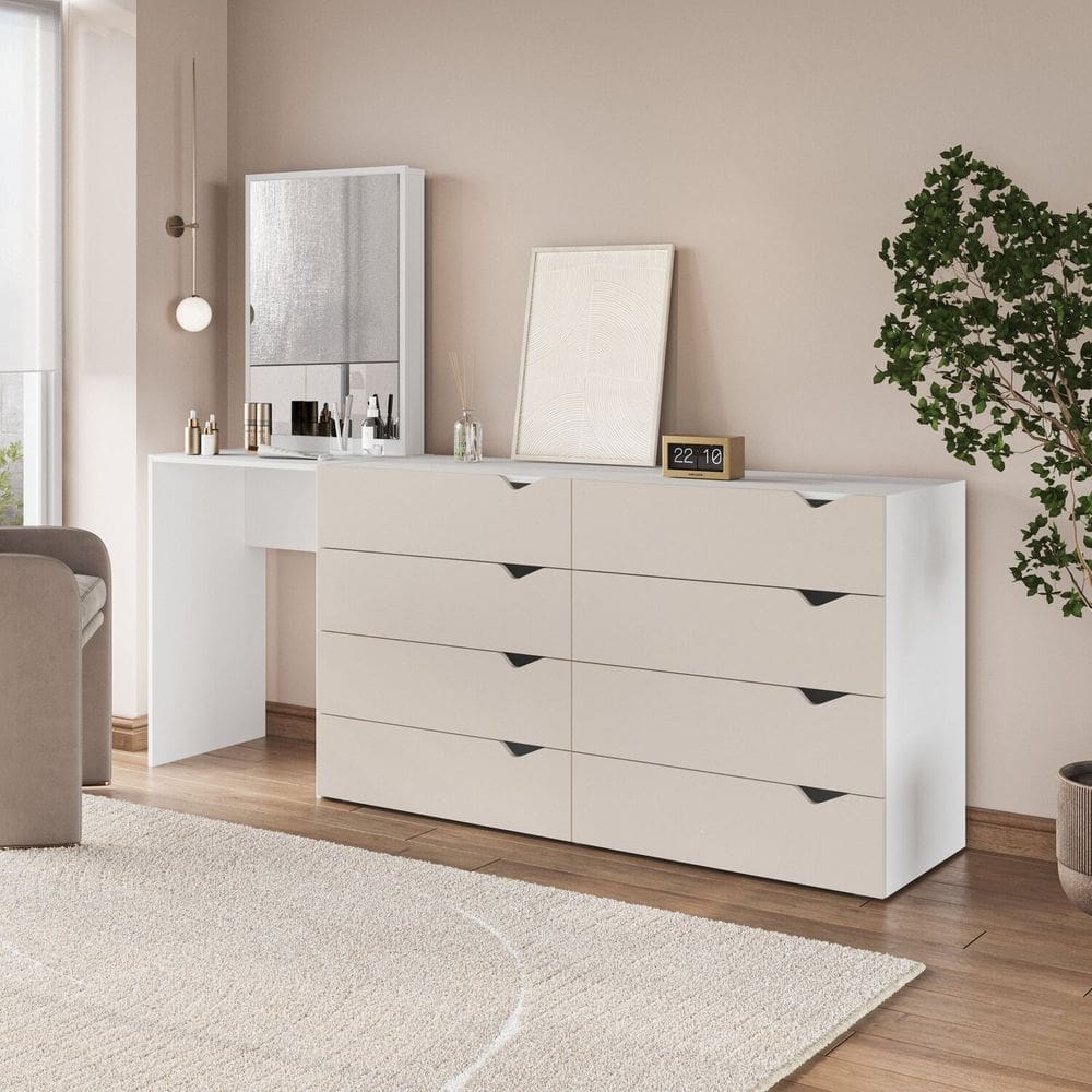Cômoda Penteadeira 8 Gavetas com Espelho Porto Creme/Branco