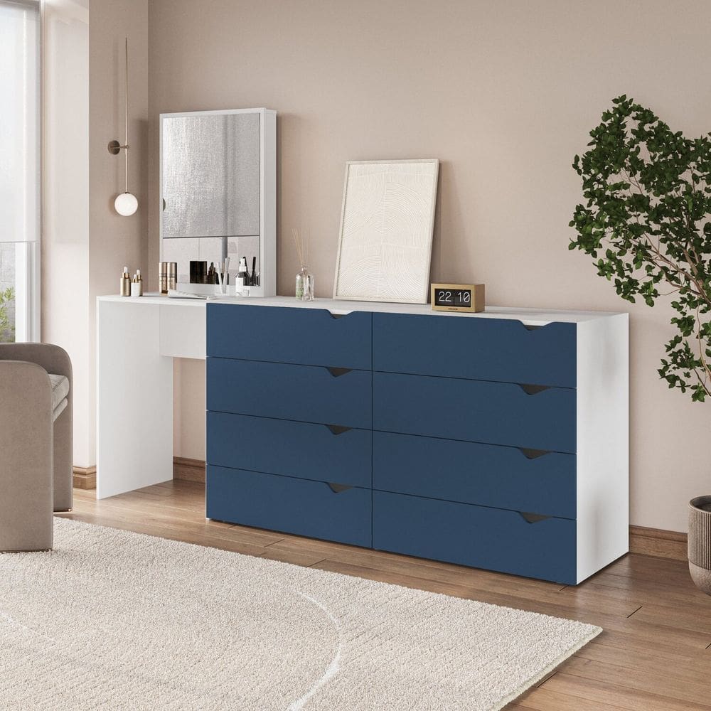 Cômoda Penteadeira 8 Gavetas com Espelho Porto Azul/Branco