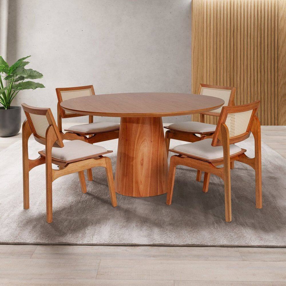 Conjunto Mesa com 4 Cadeiras de Madeira Maciça Rattan Natural e Estofada Daren Espresso Móveis Imbuia/Off White