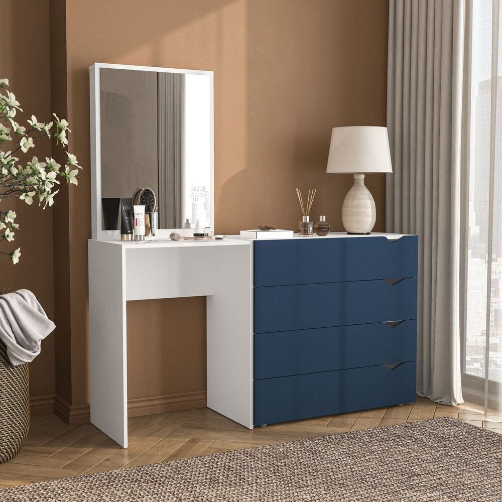 Cômoda Penteadeira 4 Gavetas com Espelho Porto Azul/Branco