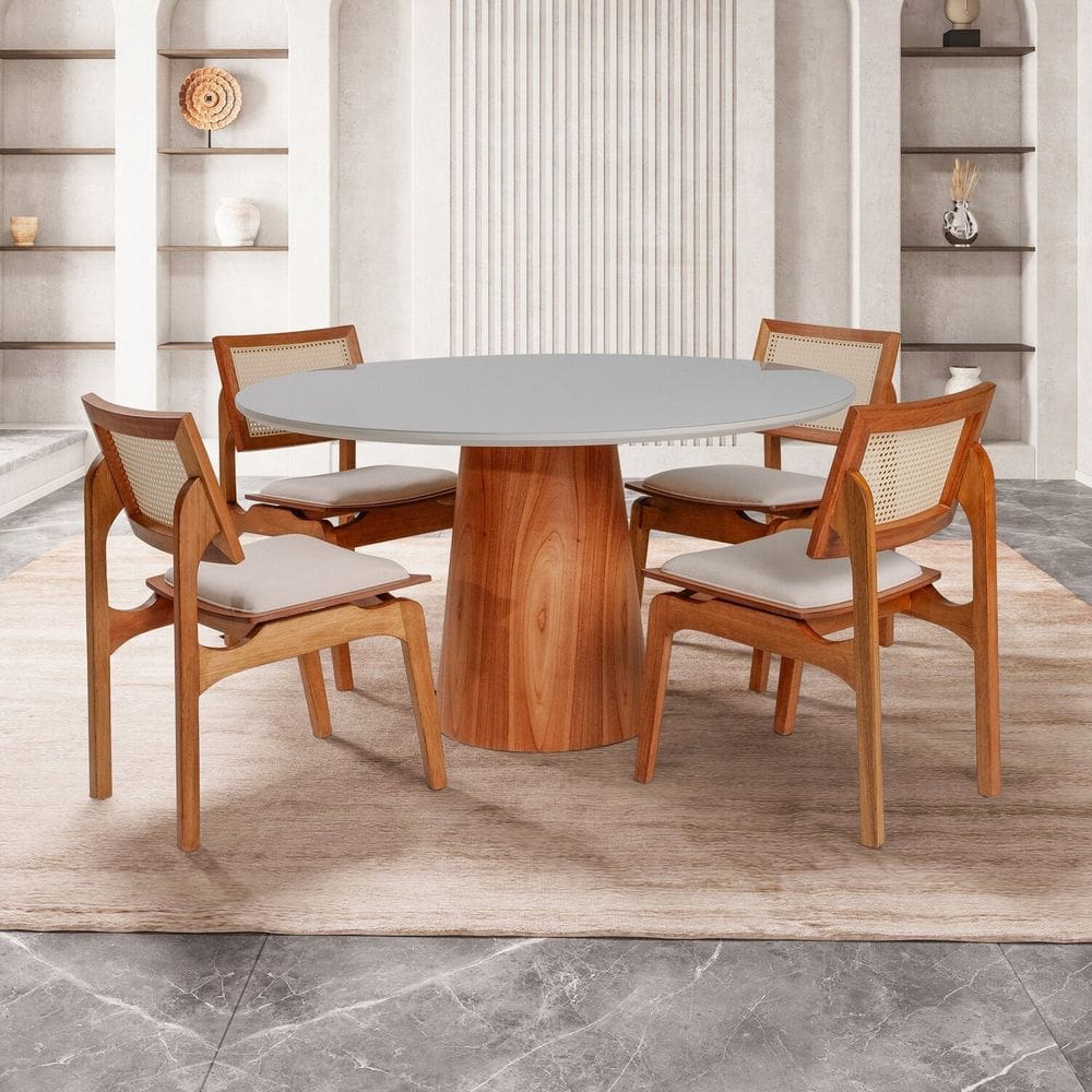 Conjunto Mesa com 4 Cadeiras de Madeira Maciça Rattan Natural e Estofada Daren Espresso Móveis Imbuia/Off White