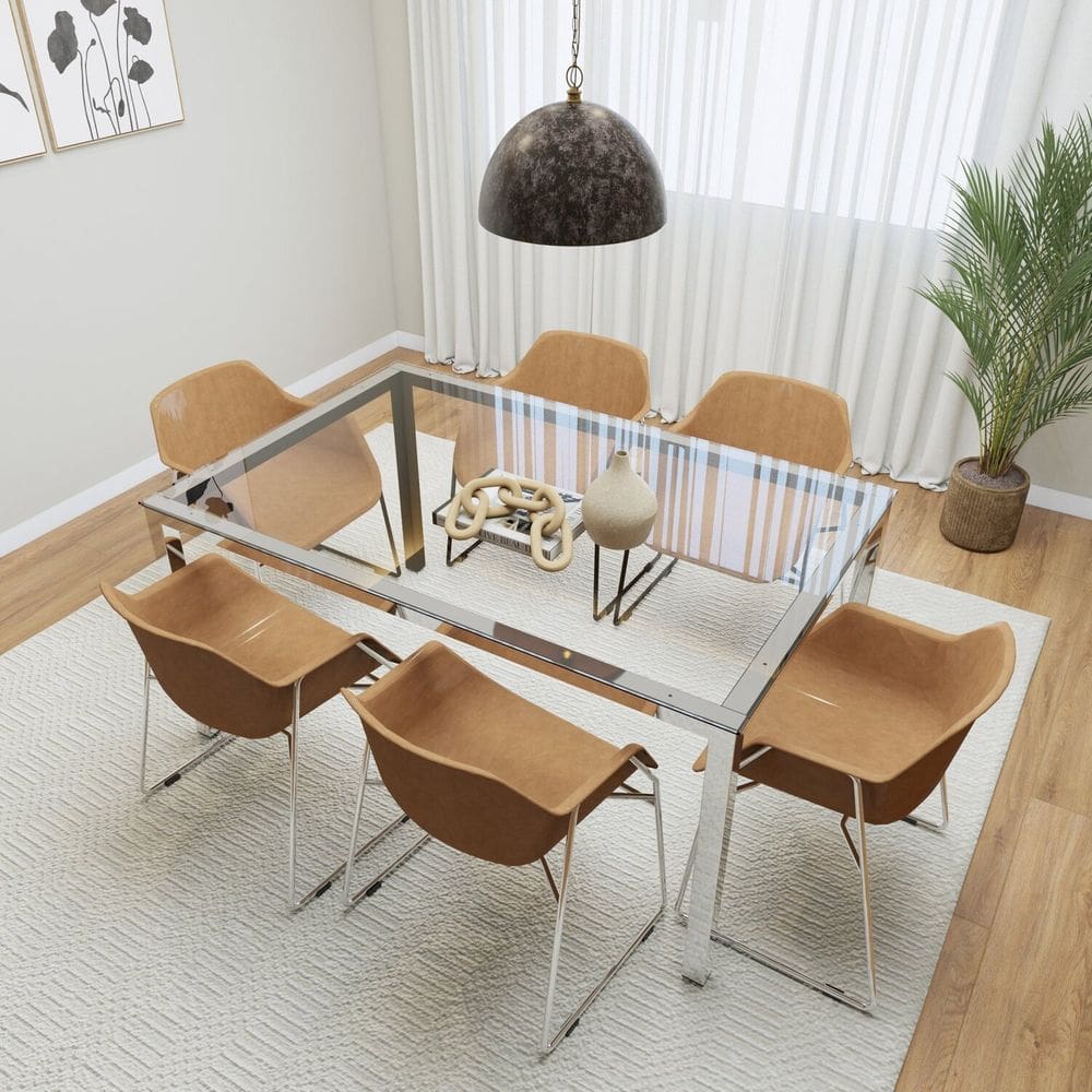 Conjunto Mesa de Jantar Retangular Tampo de Vidro 160cm X 75cm Smart com 6 Cadeiras Lodelô Cromado Branco/Cromado Serragem