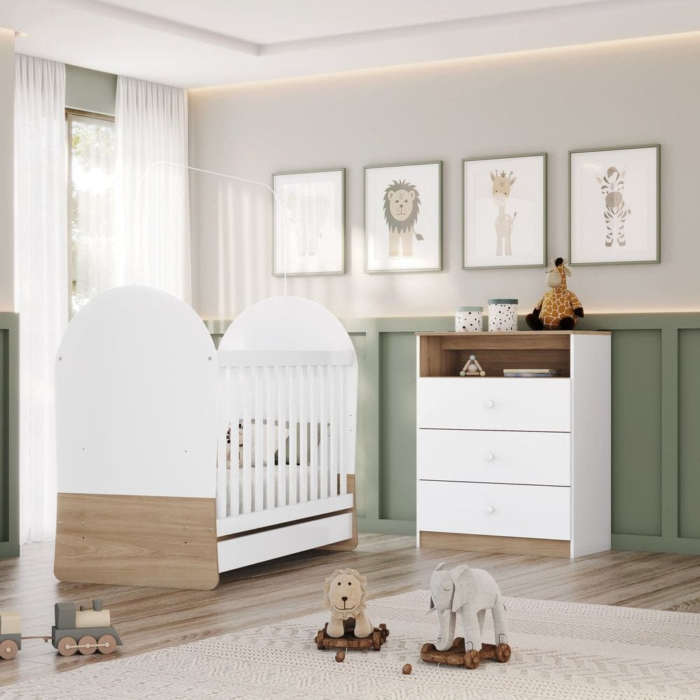 Quarto de Bebê Completo com Berço 3 em 1 e Cômoda Magia Branco/Jequitibá