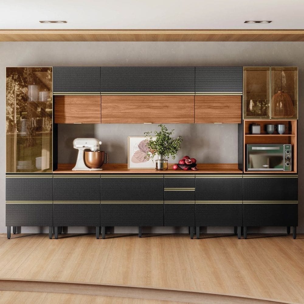 Cozinha Proença 370cm X 218,5xm Aéreo Mdf Pnl e Crt 8 Peças Nogueira/Carbono Prime