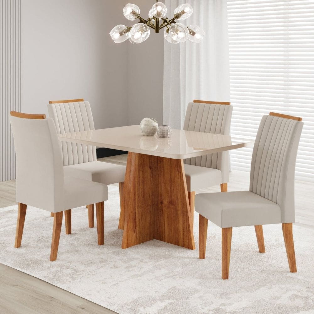 Conjunto Sala de Jantar 120 X 77,8cm Tampo com Vidro e 4 Cadeiras Tannat Mel/Off White/Bege