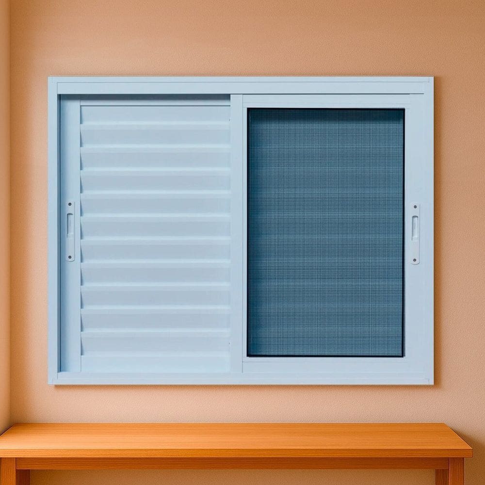 Janela Veneziana com Tela Mosquiteira 200x100cm Vidro de Segurança 6cm Fábrica do Alumínio Branco
