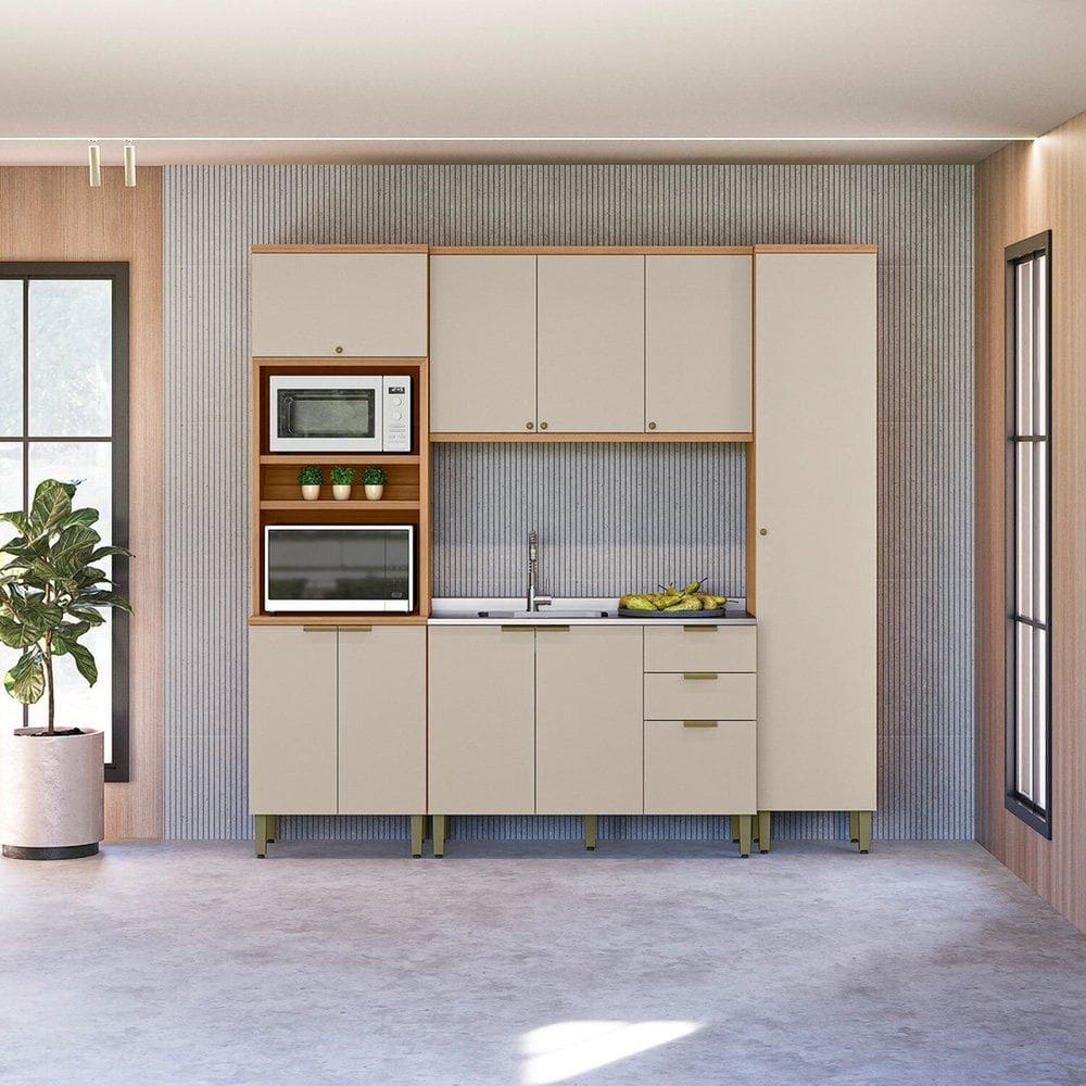 Cozinha Compacta 4 Peças com Torre Quente e Paneleiro Selene Jequitibá /Off White Fosco