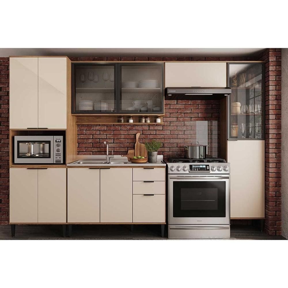 Cozinha Completa Alpha 5 Peças (2Aéreos+1Balcão+2Paneleiros) C5P135 Freijo/Off White - Carraro