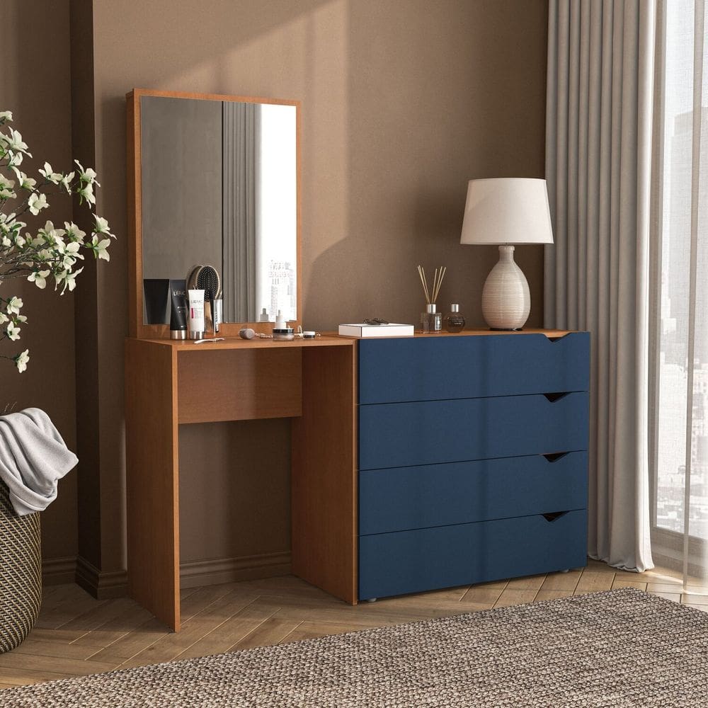 Cômoda Penteadeira 4 Gavetas com Espelho Porto Freijó/Azul