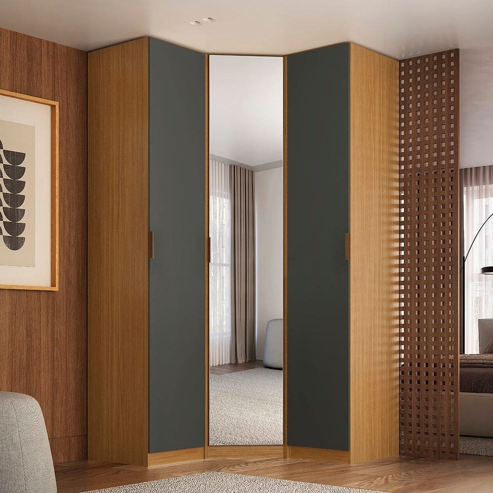 Módulo Guarda-roupa de Canto Obliquo Espelho 3 Portas Mdf Clean Altezza Freijó/Titânio