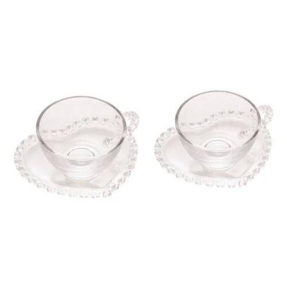 2X Xicaras Cafe Cristal Detalhes Em Forma Coração C/Pires