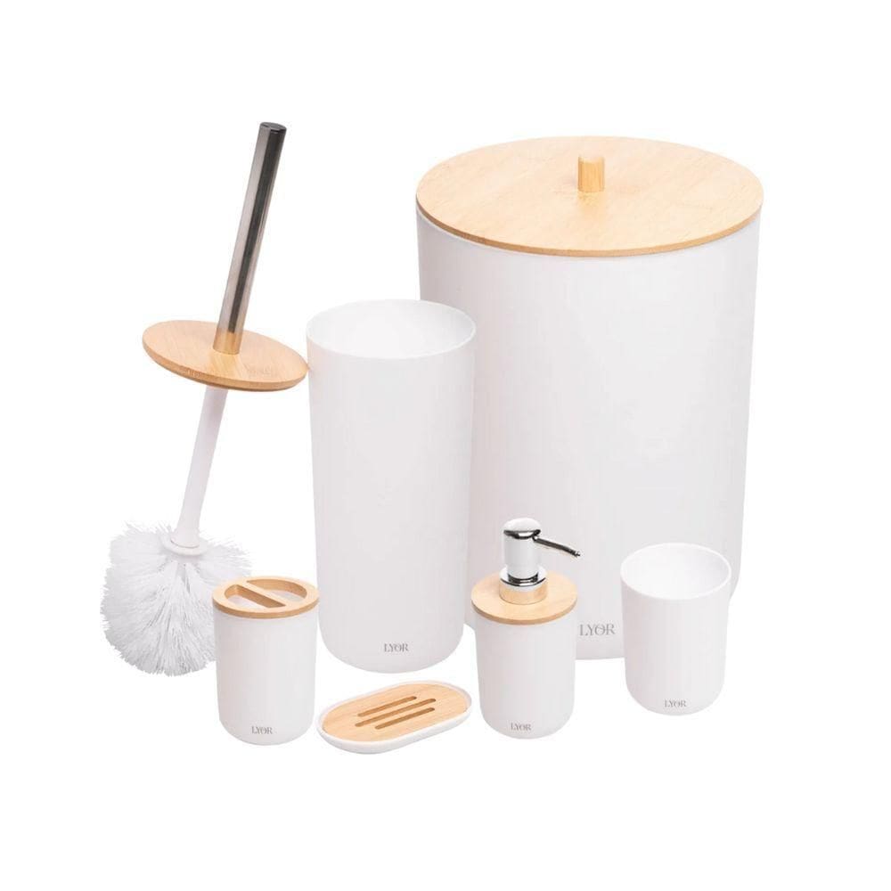 Conjunto Para Banheiro Em Abs E Bambu Branco Com 6 Peças Lyor