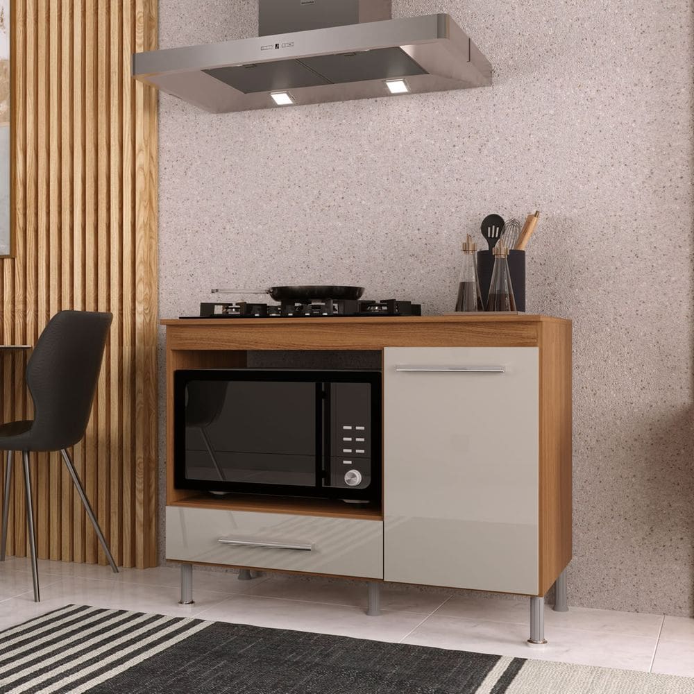Balcão Para Cooktop 4 ou 5 Bocas 105cm Nicho Forno Gavetão Armário Cozinha Freijo Off-White