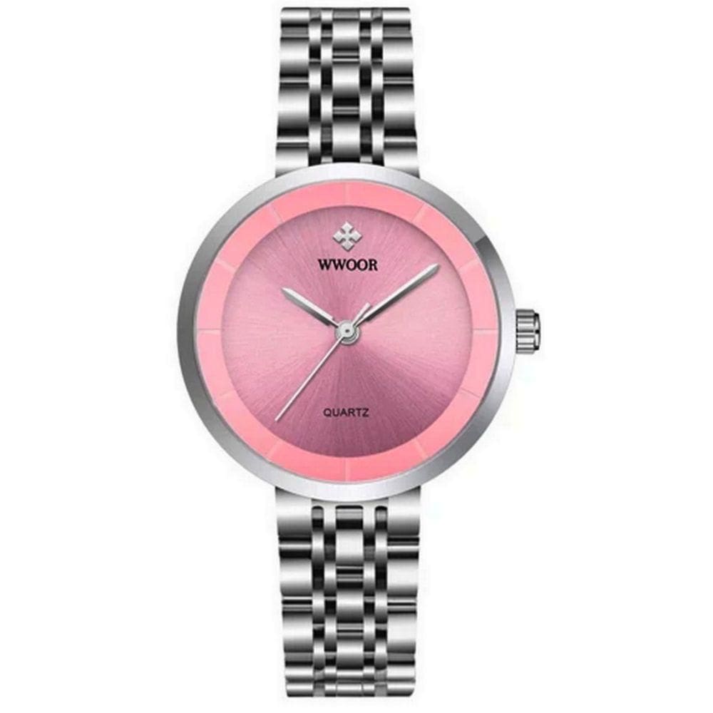 Relógio Feminino De Quartzo Minimalista Pulseira De Aço Inoxidável A Prova D´agua Rosa Prata