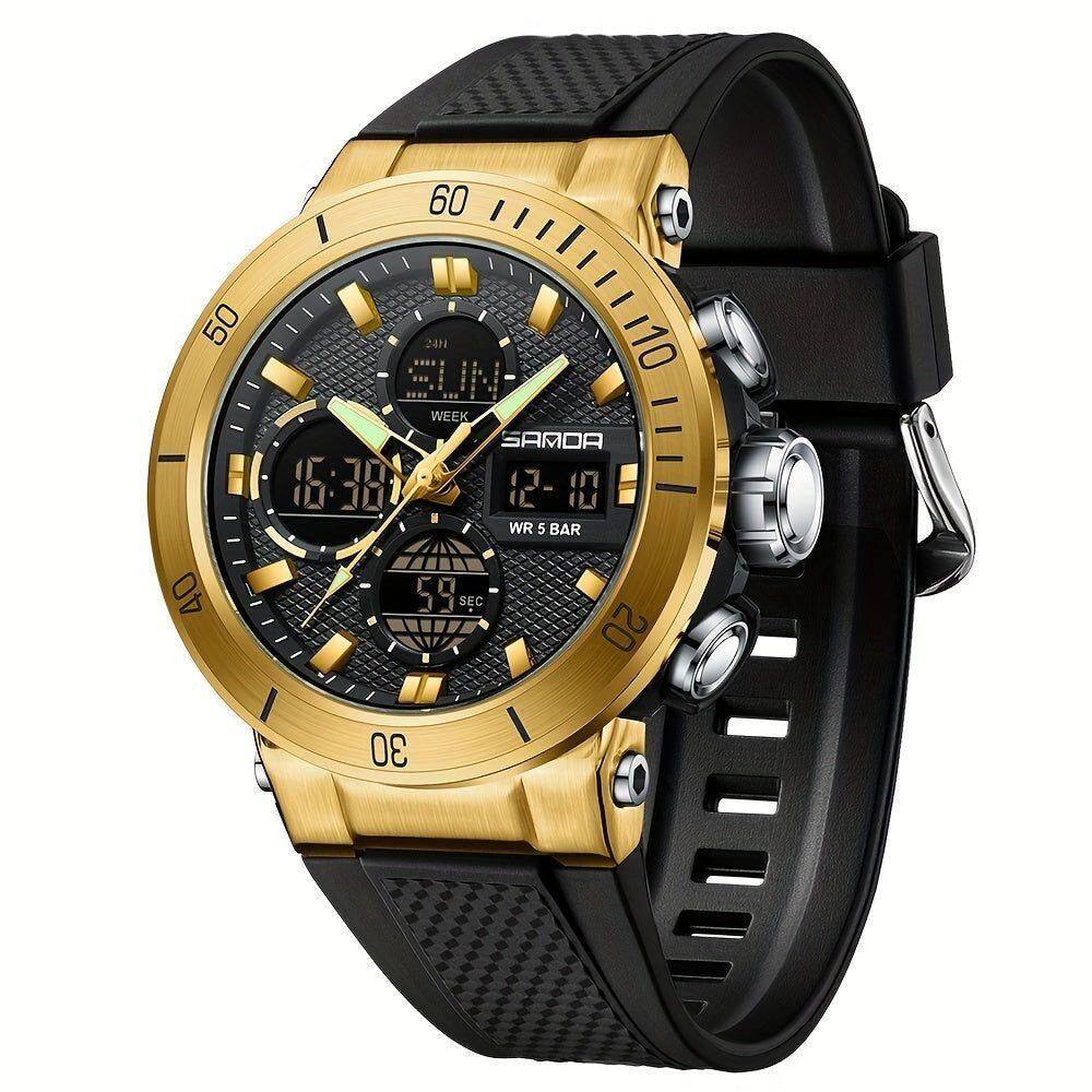 Relógio De Pulso Esportivo Masculino De Moda Com Display Duplo, Alarme Preto Dourado